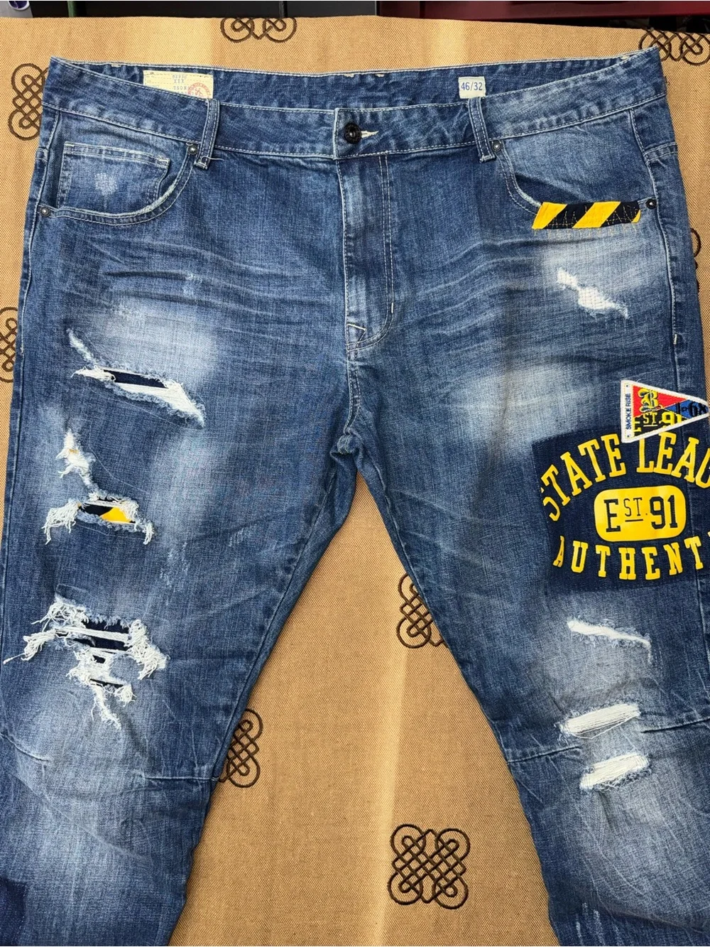 Smoke Rise Jeans Men'S Distressed Straight Rip Patches In Blue Wash Size 46 In E